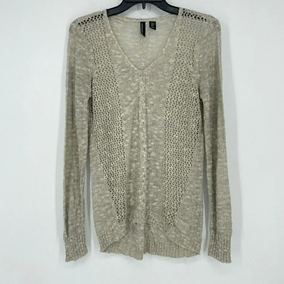 Cynthia Rowley Sweater Womens Sz M Ivory Mesh Knit V Neck Ribbed Hem Long Sleeve - Picture 1 of 6